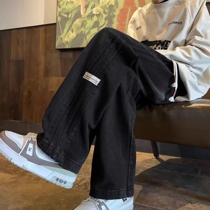 Three bar American retro jeans men's spring and autumn new style high street elastic waist loose casual men's straight leg long