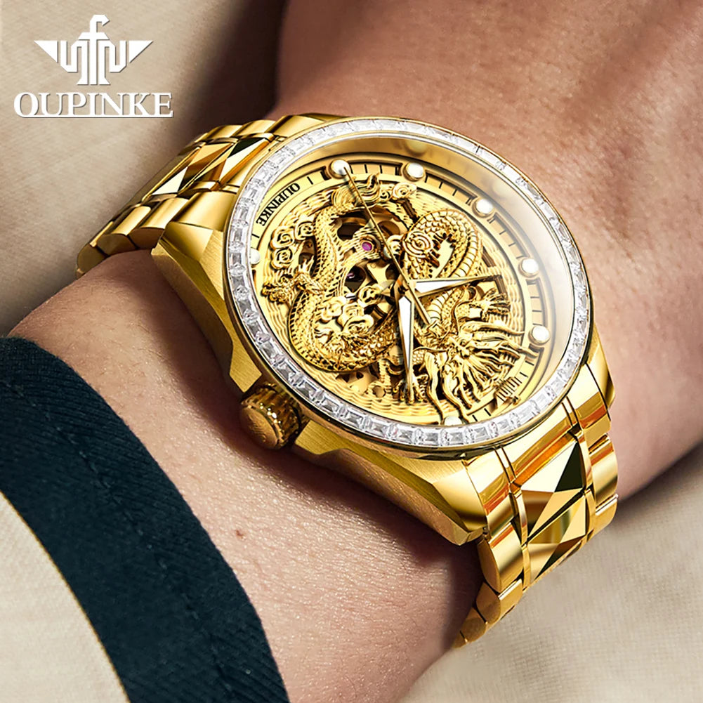 ﻿ OUPINKE 3276 Mens Watch Original luxury Brand Automatic Mechanical Watch﻿ Dragon Dial Watch For Men Moon Phase Watch Mens Gift
