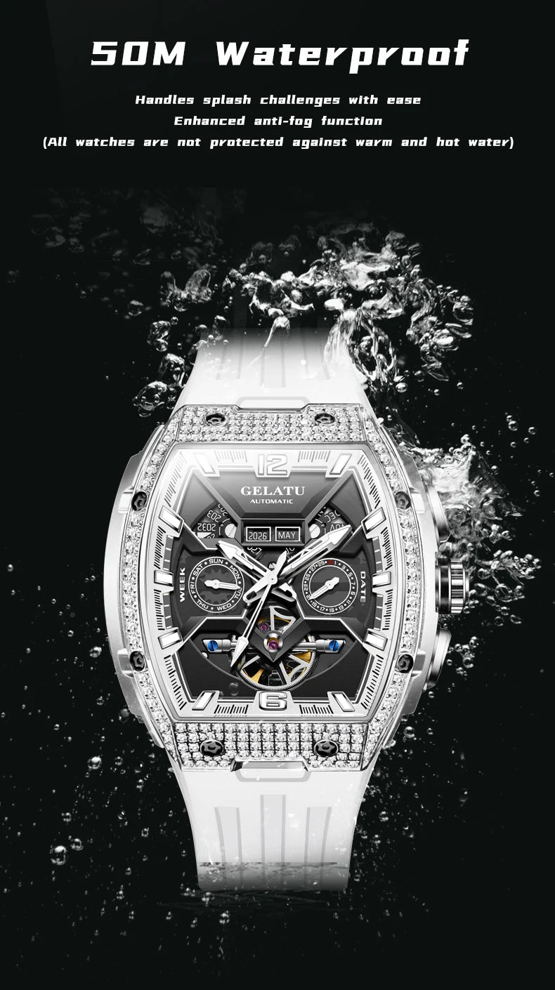 GELATU Top Brand Men's Watches Full Automatic Wristwatch for Man Hollow Mechanical Flywheel Date Week Waterproof Luminous