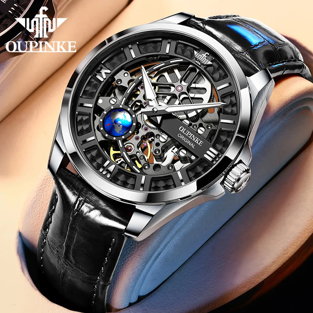 OUPINKE 3268 Man Automatic Watch Top Brand Hollow Deep Waterproof Mechanical Watch For Men Luxury Original Leather Wristwatch