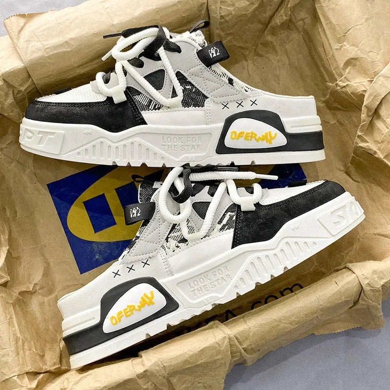 Summer Fashion Designer Men's Half Slippers Breathable Casual Thick Sole Lightweight Sneakers Outdoor Walking Flat Shoes