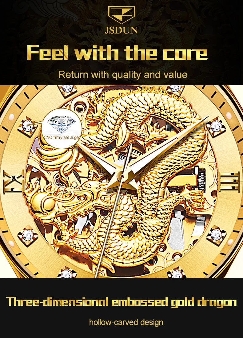 JSDUN Gold 3D Dragon Dial Watch For Men Luxury Brand Automatic Mechanical Watch Stainless Steel Strap Hollow-carved Reloj Hombre