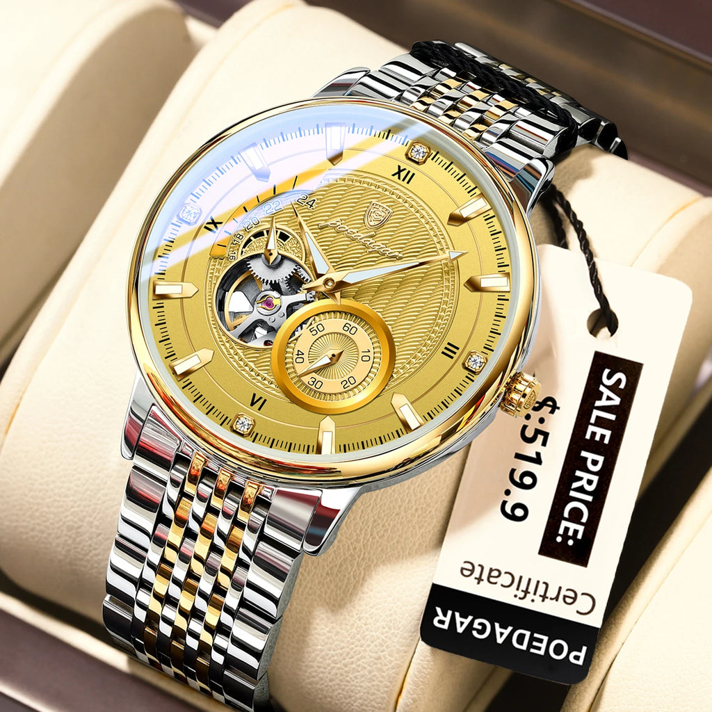 POEDAGAR Luxury Man Wristwatch Top Automatic Mechanical Luminous Men Watch Hollow Tourbillon Stainless Steel Men's Watches Reloj
