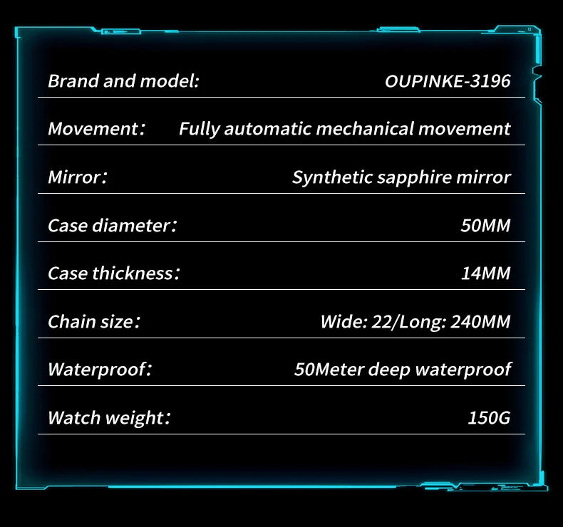 OUPINKE 3196 Blue Watch for Men Original Automatic Movement Deep Waterproof Hollow Out Mechanical Wristwatch Men