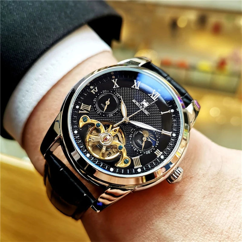[24 Hollow Tourbillon Watch] Hollow Tourbillon Mechanical Watch with Commercial Style - Men's Skeleton Design, 24 Hours, Hollow Design, Round Alloy Case, Automatic Wrap, No Batteries, First Choice Gift with Watches.