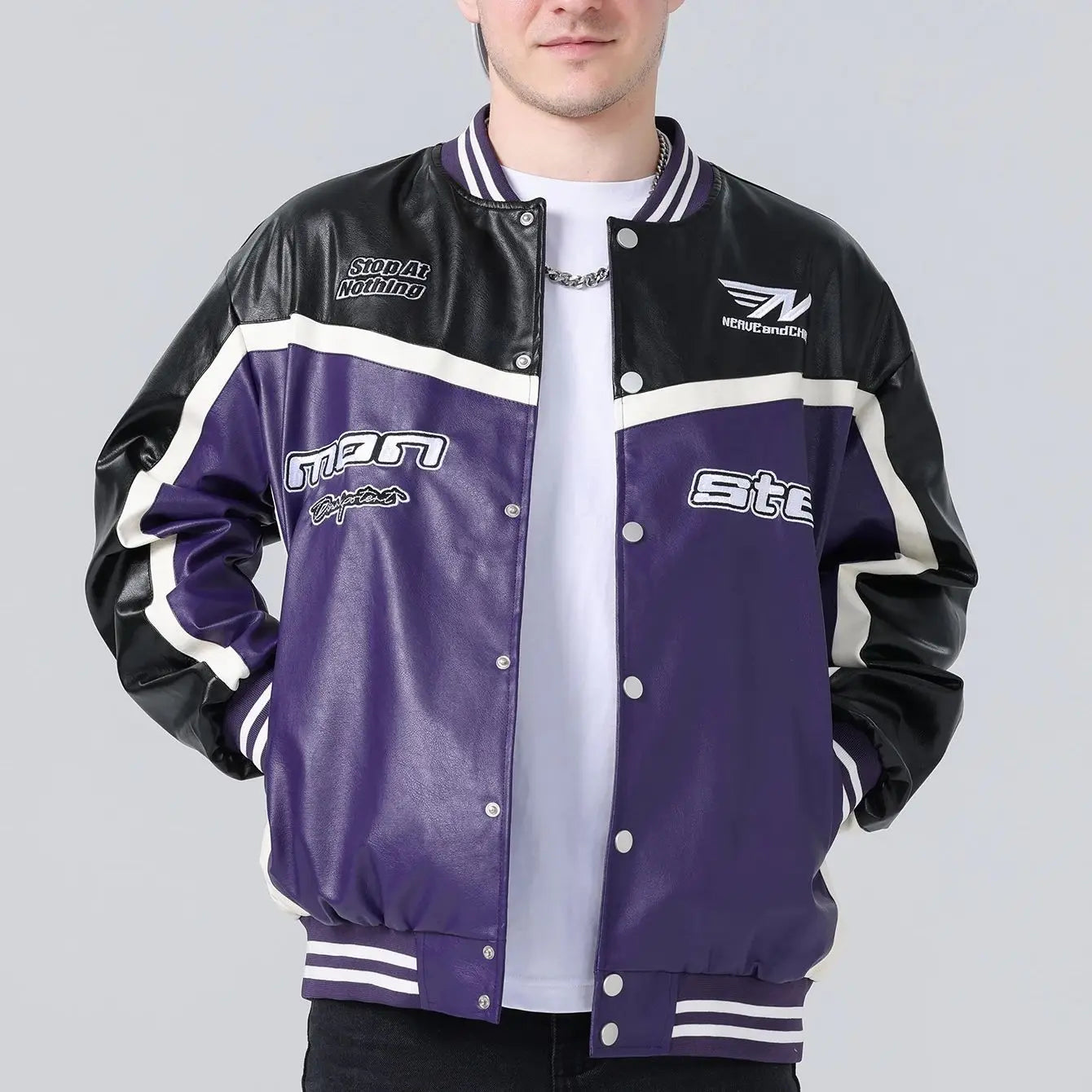 Mens PU Leather Jacket Motorcycle Bomber Jacket Letter Embroidery Coats Leather Vintage Racing Windbreaker Outerwear Streetwear