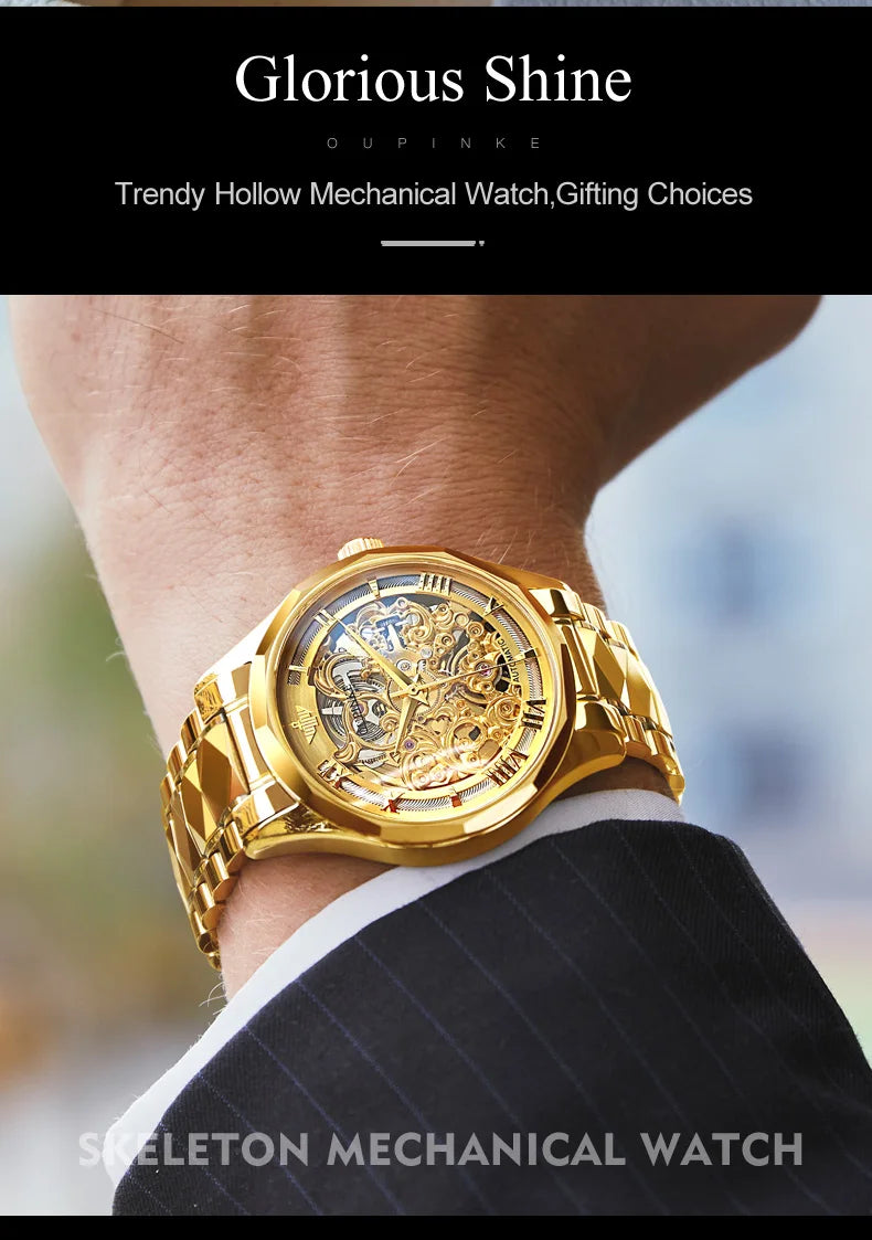 OUPINKE Tungsten Steel Strip Men's Watches Fully Transparent Dial Automatic Mechanical Watch Waterproof Sapphire Mirror Surface