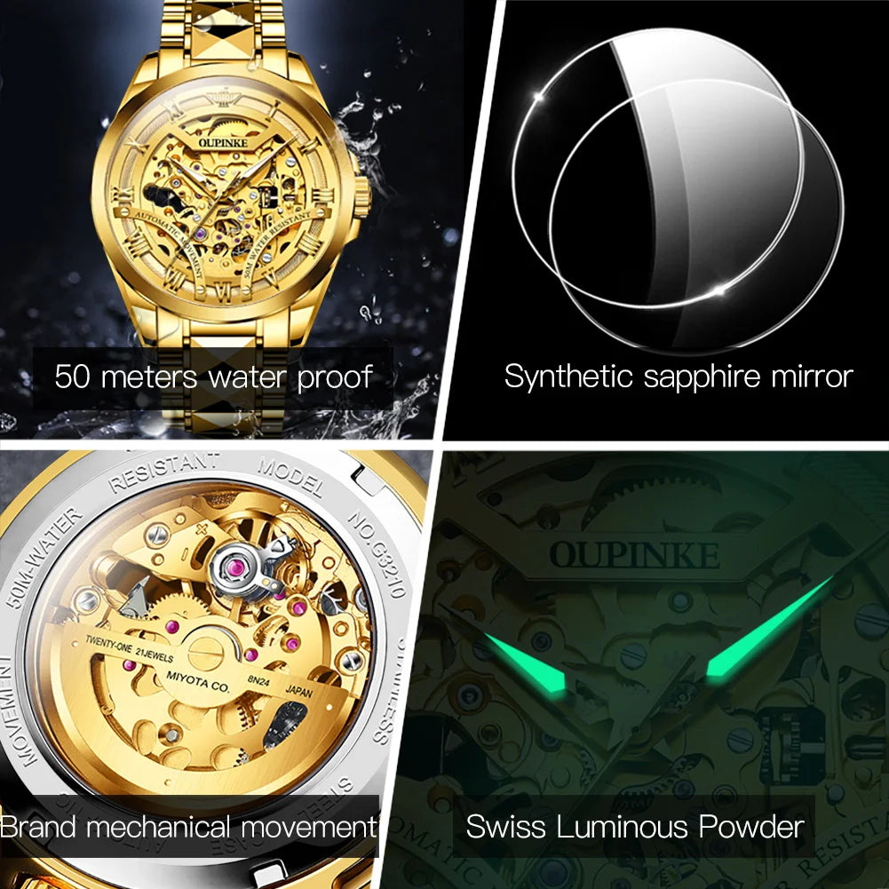 OUPINKE 3210 Gold Men Fully Automatic Mechanical Watch High end Original 3D Hollow Design Waterproof Luminous Men Watch Luxury