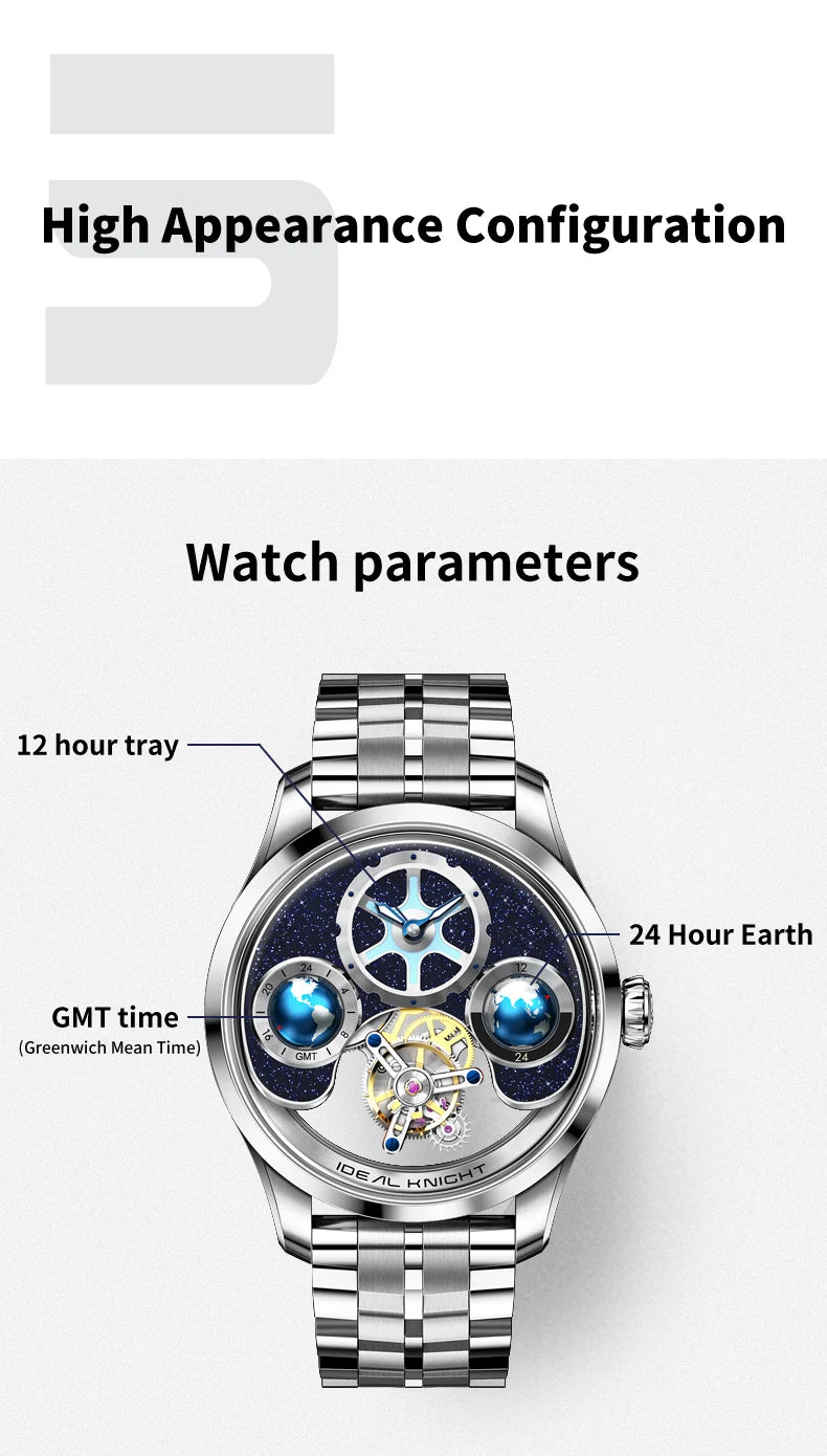 IDEAL KNIGHT Top Brand Luxruy Mens Watch Advanced Tourbillon Automatic Mechanical Watch Waterproof Luminous Dual Region Time