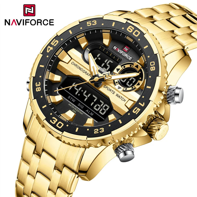 NAVIFORCE Men's Watch Luxury Waterproof Sports Chronograph Quartz Steel Band Wristwatch Digital Date and Week Display Male Clock
