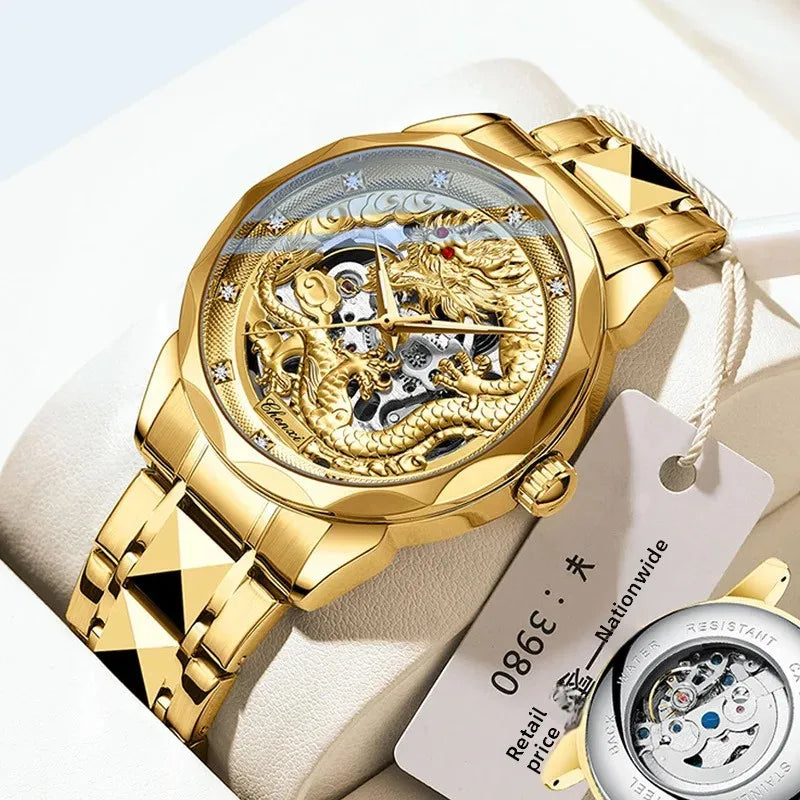 Men's Automatic Mechanical Watch Night Glow Waterproof Relief New Fashion Business Leather Steel Band Luxury Timepiece
