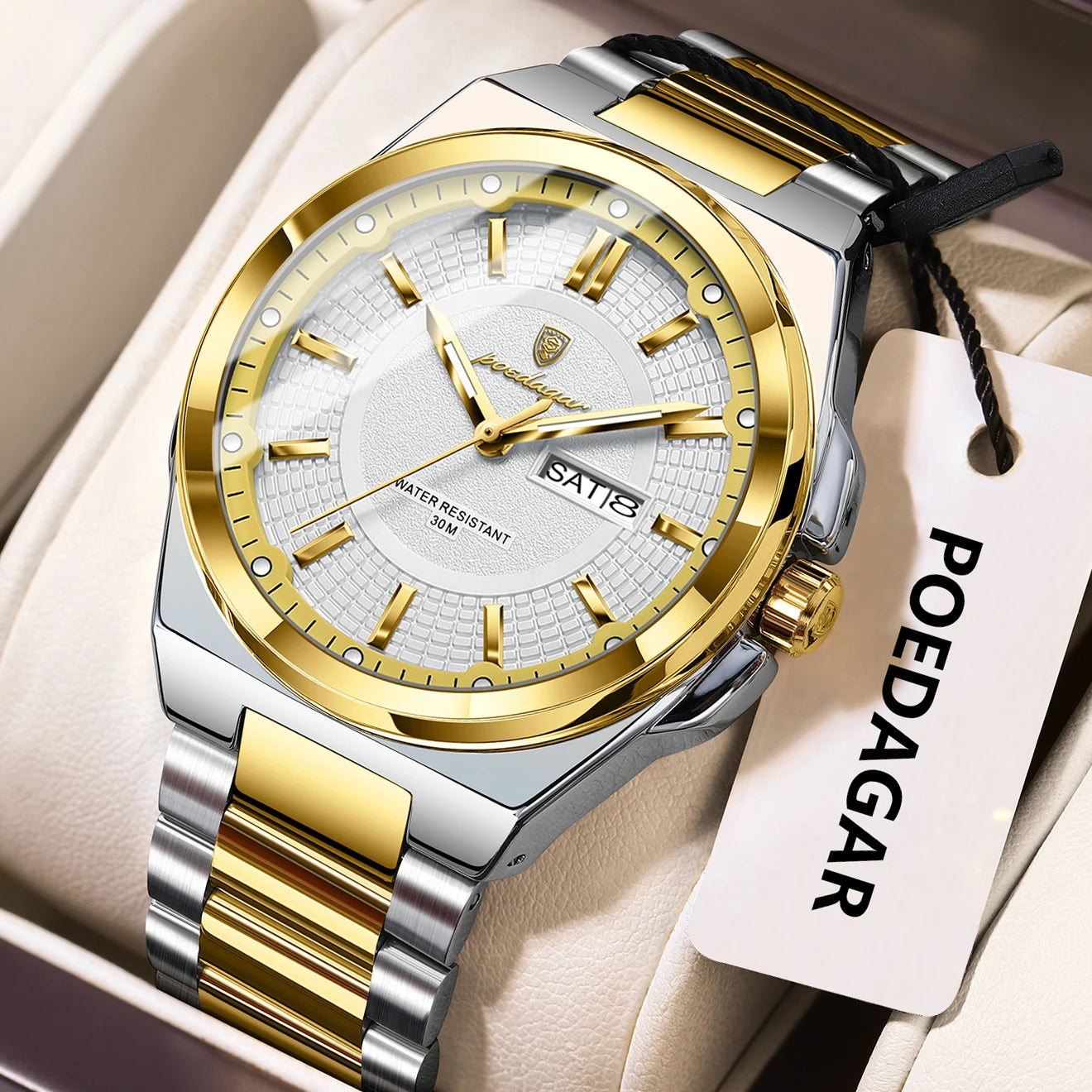 POEDAGAR Sport Original Men Clock Quartz Date Week Luxury Man Wristwatch Waterproof Luminous Stainless Steel Men's Watches Reloj