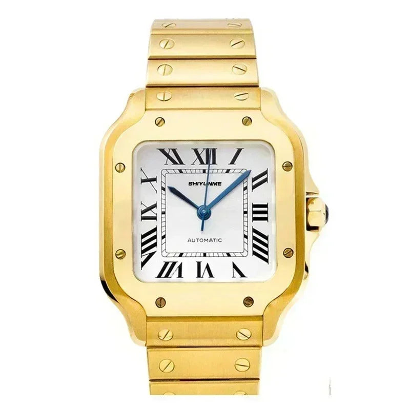 Stainless Steel Mechanical Sports Watch Square Roman Dial Black Leather High Quality Men's Automatic Watch