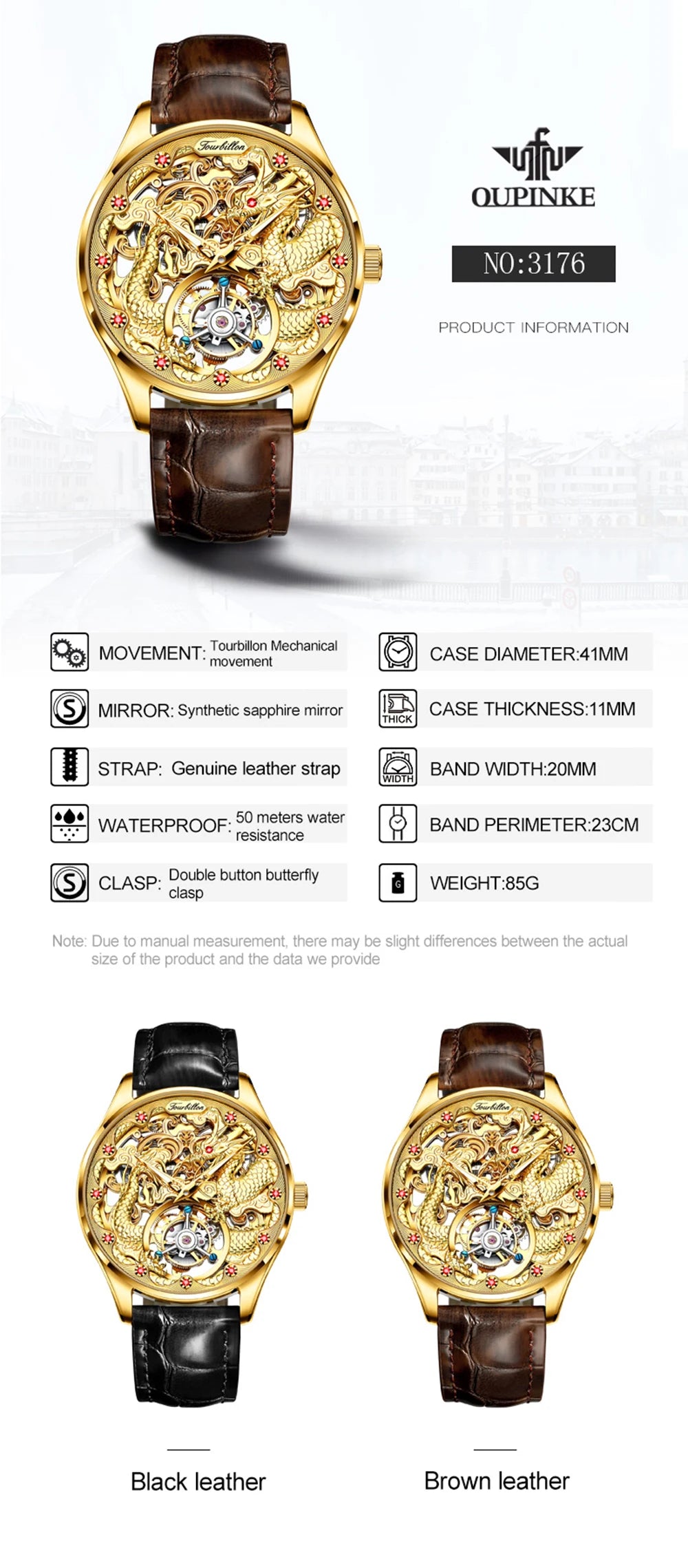 OUPINKE 3176 Top Brand Tourbillon Watch for Men Original Leather Strap Golden Dragon Design Automatic Mechanical Movement Watch