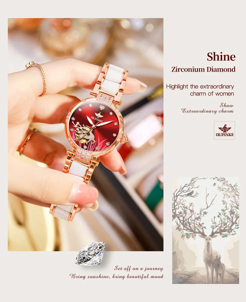 OUPINKE 3211 Women's Watch Elegant Rose Gold Diamond Ceramic Automatic Machinery Women's Watch Luxury Brand Women's Bracelet Set