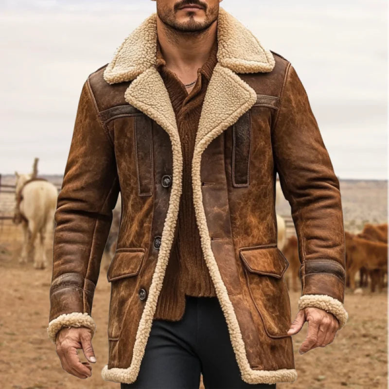 2025 Men's Vintage Suede Leather Patchwork Outdoor Jacket, Lamb Shearling Fleece Lined Reverse Collar Coat with Multiple Pockets