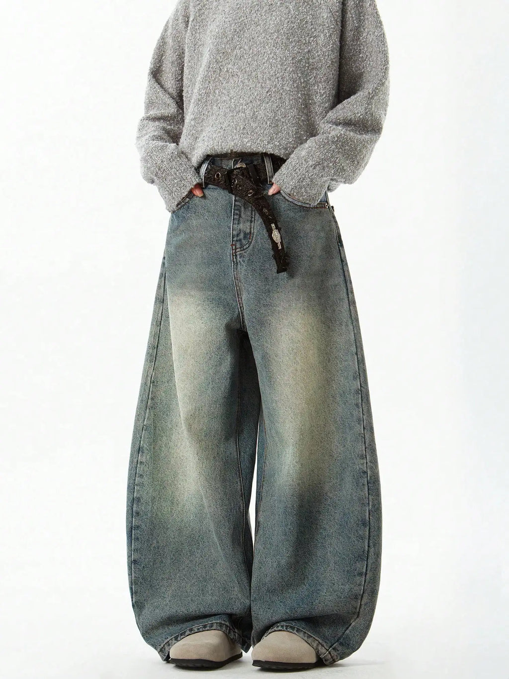 Men's Wear Blue Wide-Leg Denim Pants Baggy Jeans Vintage Three-Dimensional Cut Curved Knife Jeans Loose Fit Summer New Trend