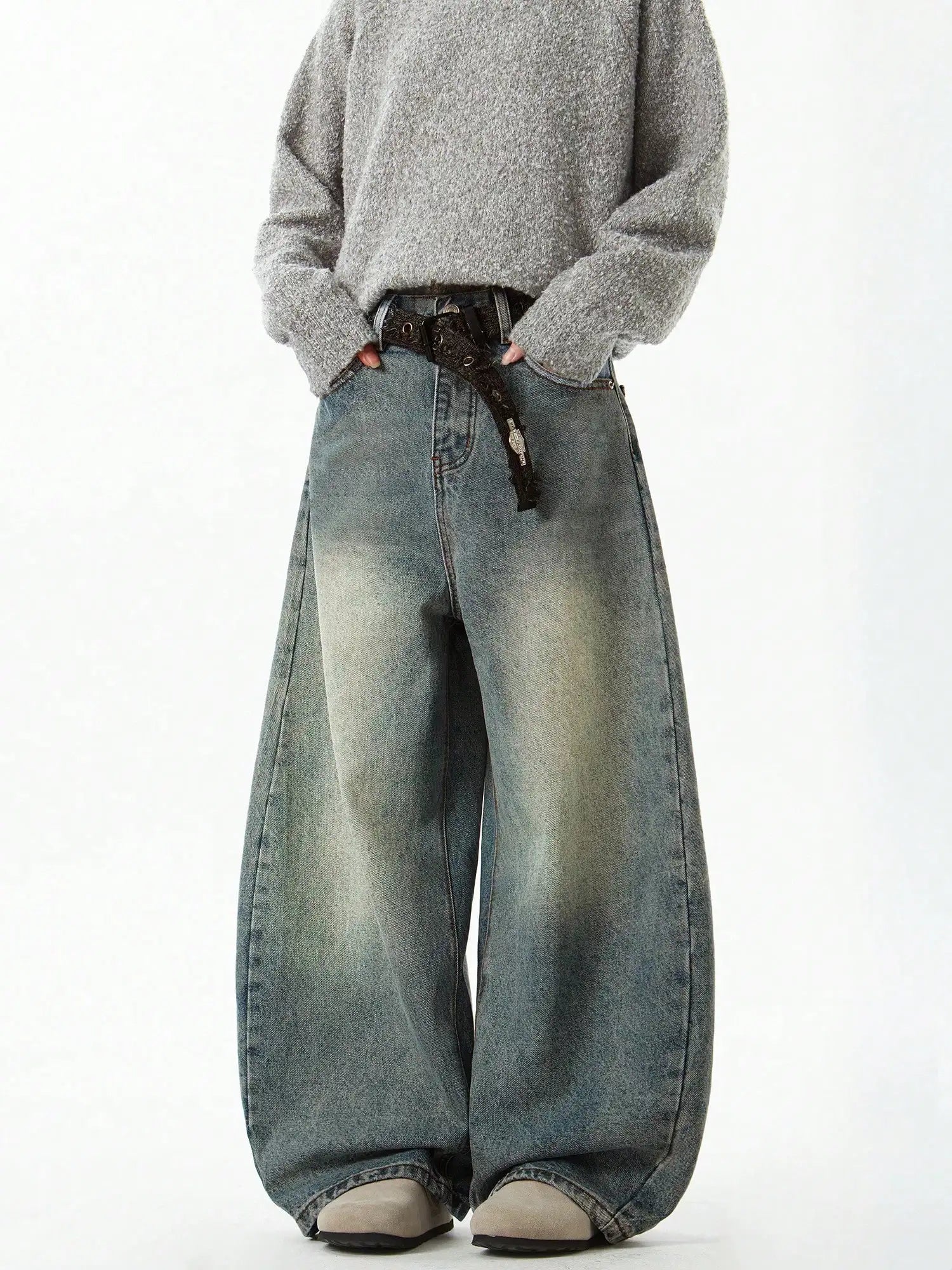 Men's Wear Blue Wide-Leg Denim Pants Baggy Jeans Vintage Three-Dimensional Cut Curved Knife Jeans Loose Fit Summer New Trend