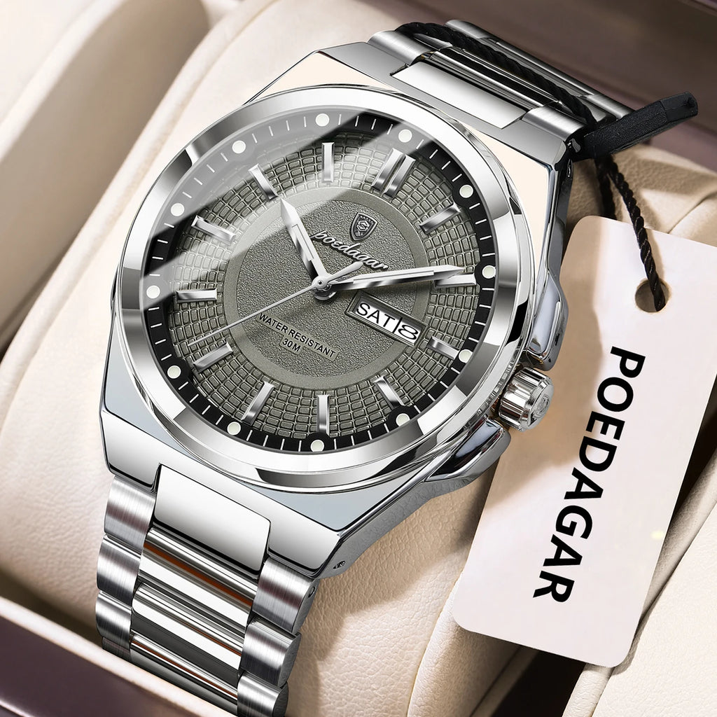 POEDAGAR Fashion Classic Men Wristwatches Stainless Steel Waterproof Luminous Man Watch Date Week Quartz Business Men's Watches