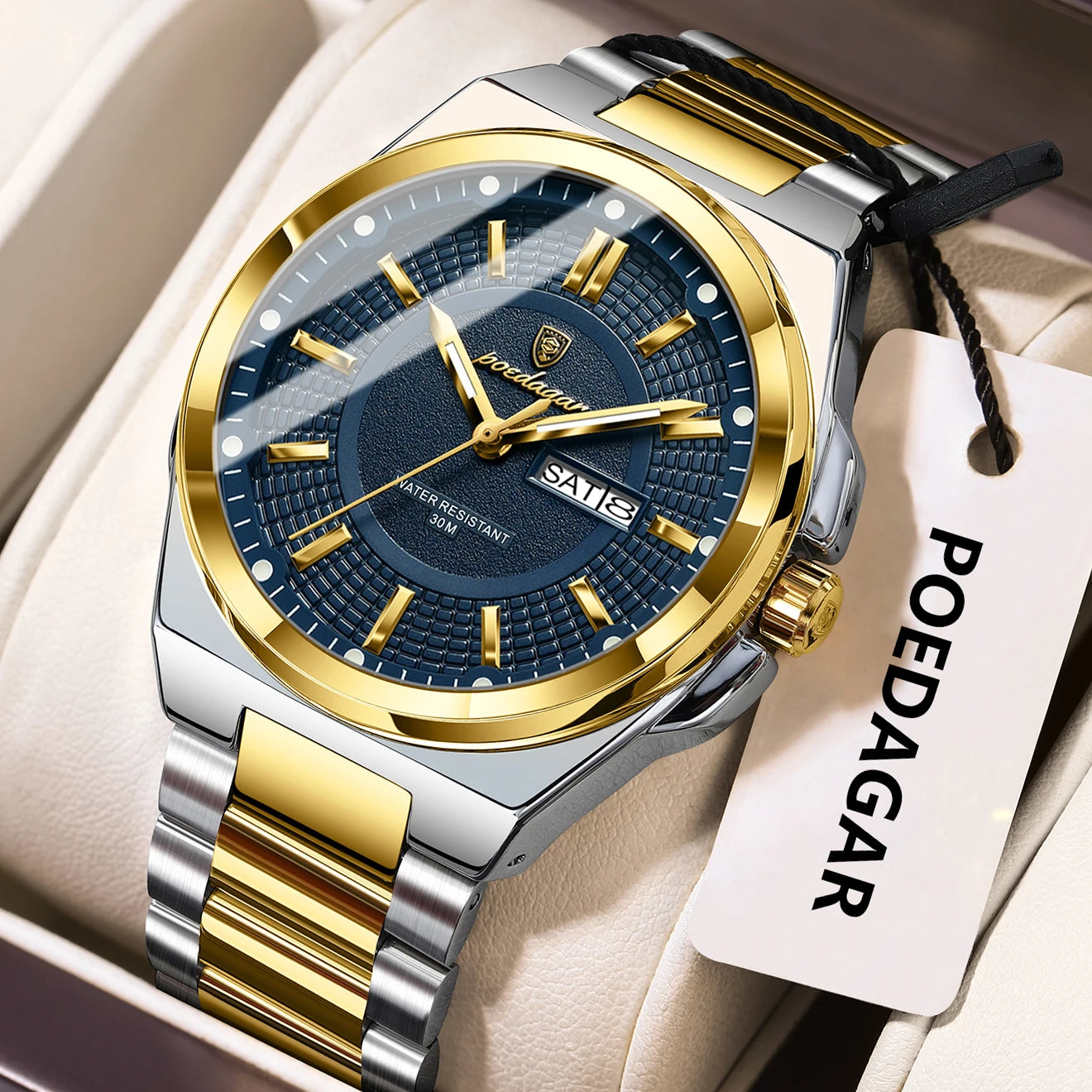 POEDAGAR Fashion Classic Men Wristwatches Stainless Steel Waterproof Luminous Man Watch Date Week Quartz Business Men's Watches