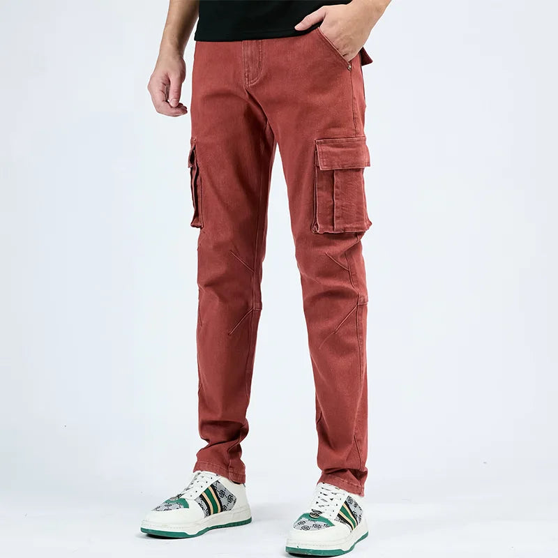 Men's Street Style Elastic Waist Denim Cargo Pants Solid Color Washed Slim Fit Casual Jeans with Multiple Pockets for Daily Wear