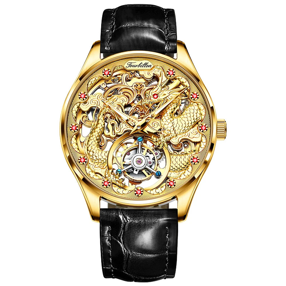 OUPINKE 3176 Mens Watch Luxury Top Brand Skeleton Flywheel Automatic Mechanical Watch 50M Waterproof Watch Gold Dragon Dial
