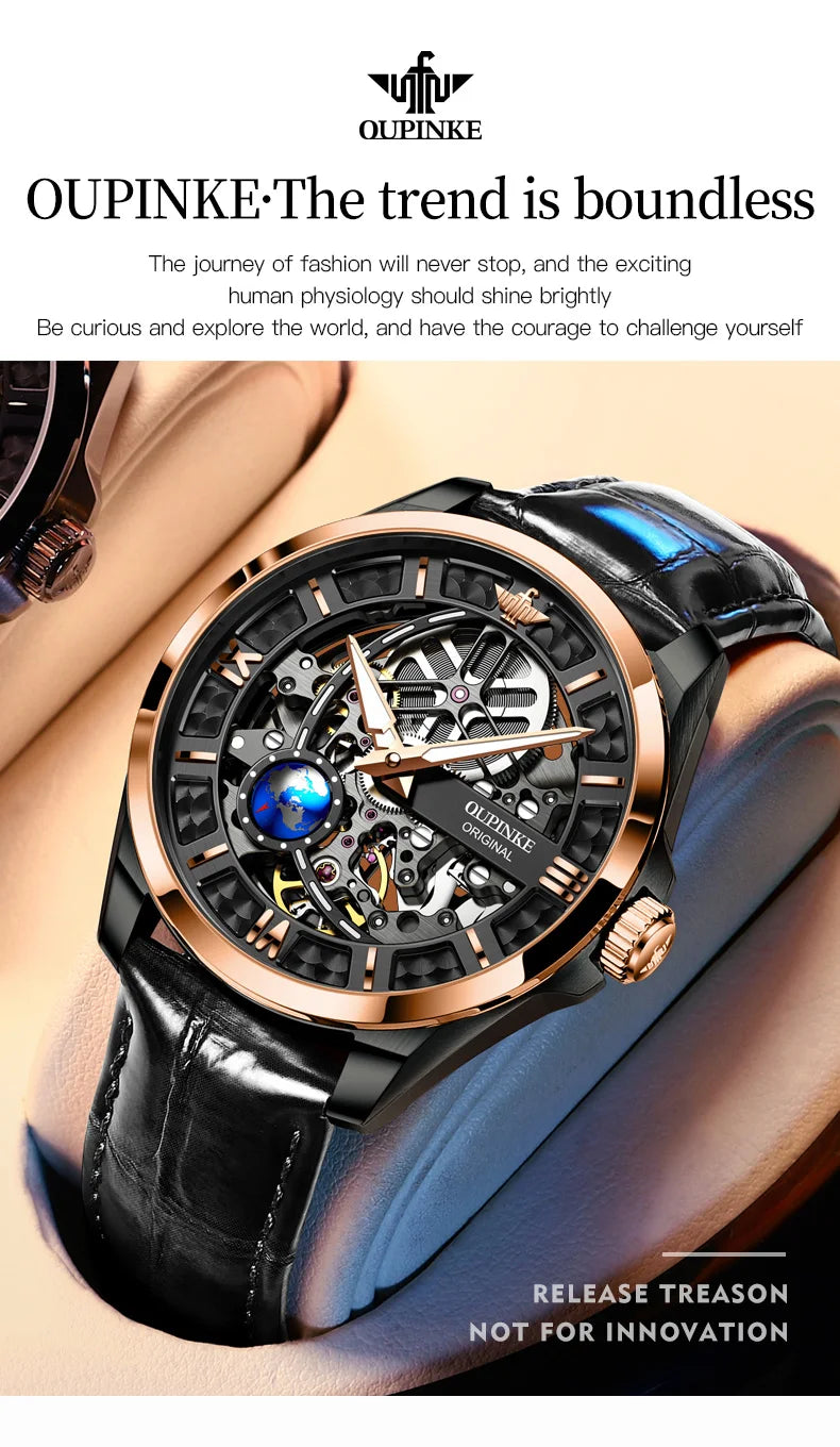 OUPINKE 3268 Man Automatic Watch Top Brand Hollow Deep Waterproof Mechanical Watch For Men Luxury Original Leather Wristwatch