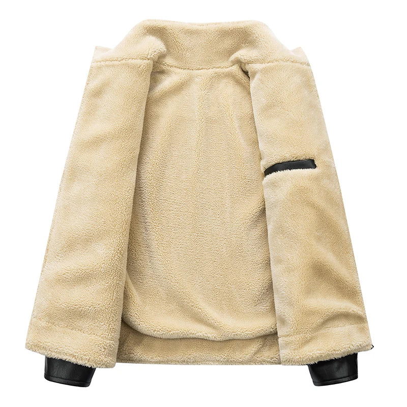 Men's Jackets Faux Leather with Fur Turn-down Collar Embroidered Brand Windproof Warm Coat Outwear