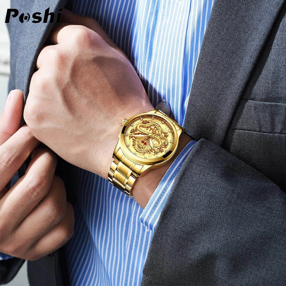 POSHI Stainless Steel Fashion Quartz Watch Gold Dragon Men's Watches Luxury Original Design Waterproof Quartz Movement Clock