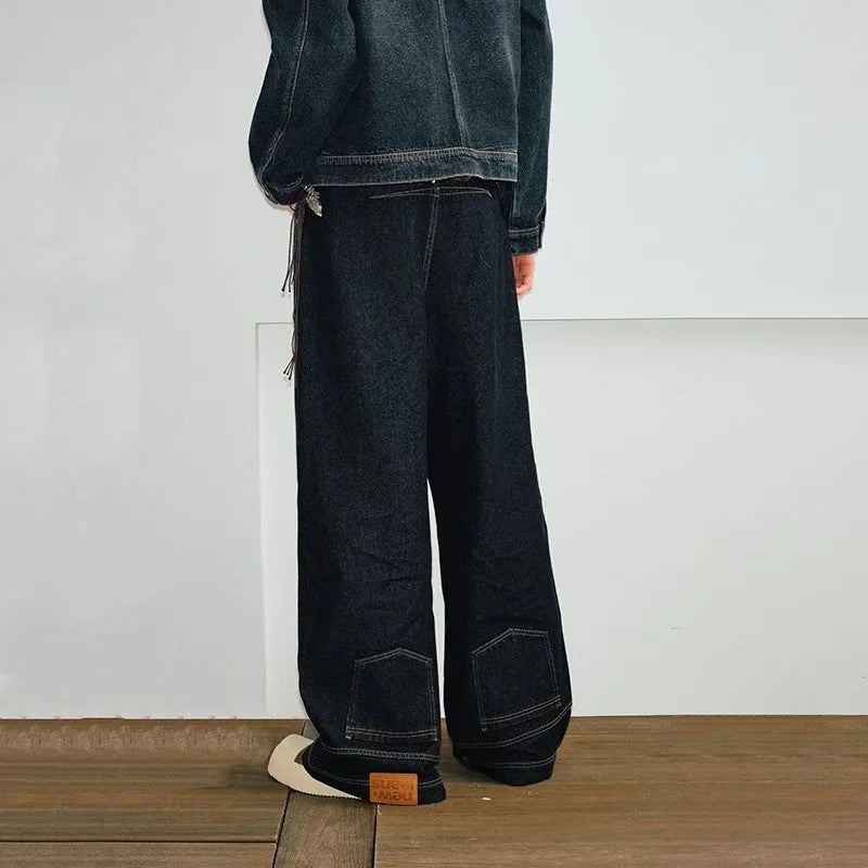 Autumn High Street Baggy Jeans For Men Reverse Pocket Design Straight Wide Leg Denim Pants 2025 New Solid Color Y2K Vintage Jean