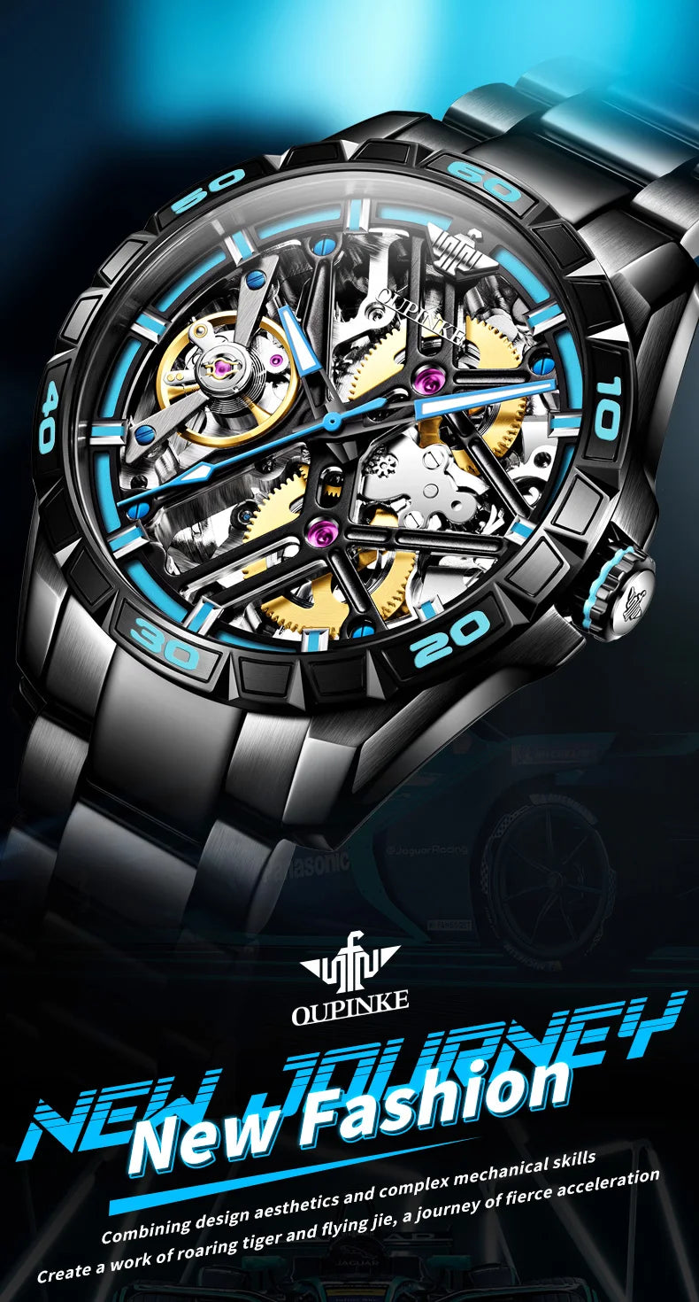 OUPINKE 3196 Blue Watch for Men Original Automatic Movement Deep Waterproof Hollow Out Mechanical Wristwatch Men