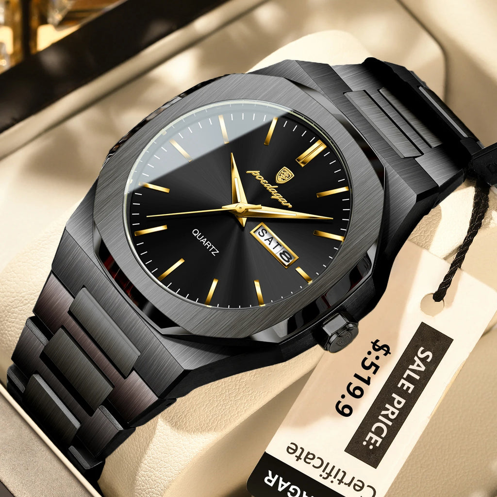 POEDAGAR Top Luxury Men Clock Waterproof Luminous Calendar Week Man Wristwatch Sports Stainless Steel Quartz Men's Watches Reloj