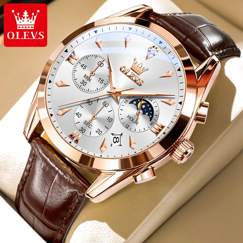 OLEVS 3609 Original Moon Phase Chronograph Man Watch Leather Strap Waterproof Luminous Luxury Brand Quartz Wrist Watches for Men