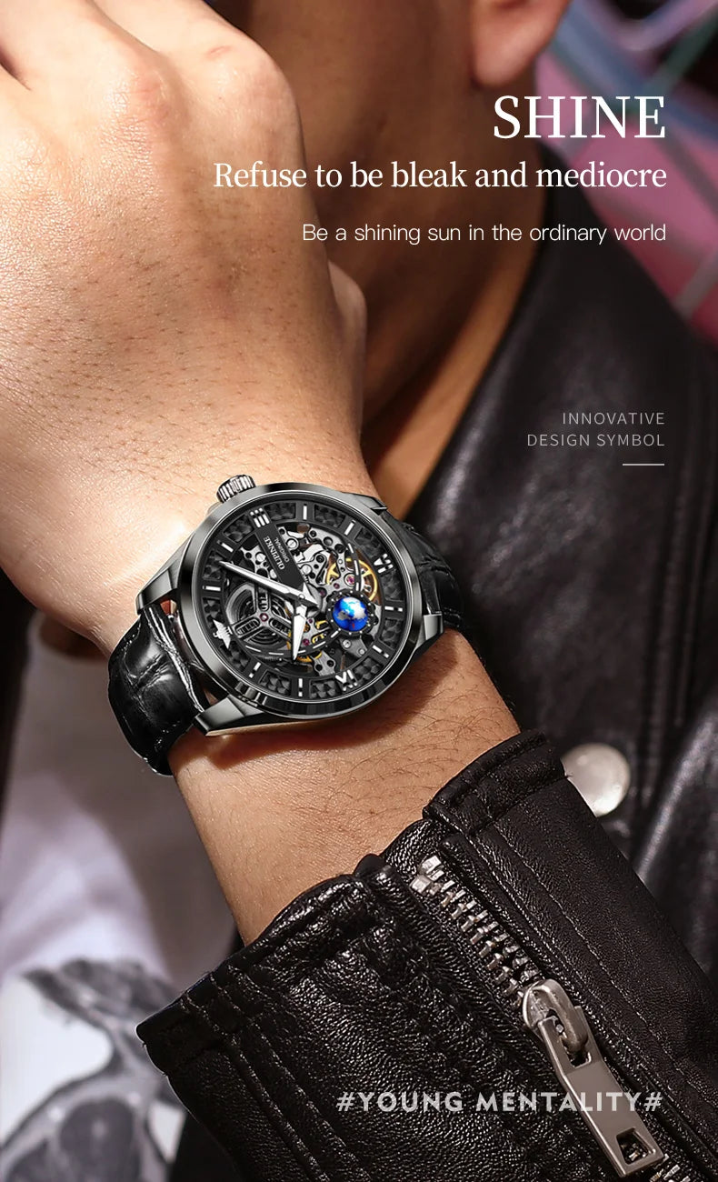 OUPINKE 3268 Man Automatic Watch Top Brand Hollow Deep Waterproof Mechanical Watch For Men Luxury Original Leather Wristwatch
