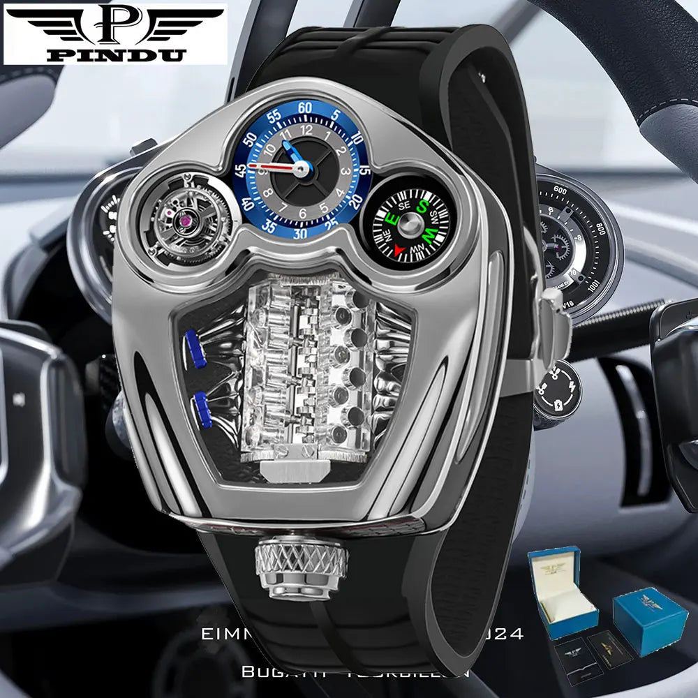 PINDU Fashion Men Quartz Watch 5ATM Silicone Men Watch Multifunctional Stainless steel Compass Casual Wristwatch Swiss Movement