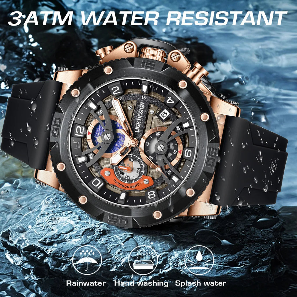 LIGE Sports Man Watch Top Brand Luxury Silicone Chronograph Small Dial Function Quartz Wristwatches Waterproof Luminous Watch