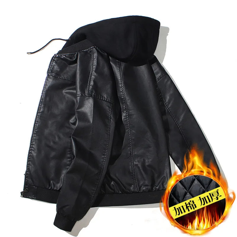 Mens Hooded PU Leather Jacket Motorcycle Hooded Young Leather Plus Cotton Padded Coat Men