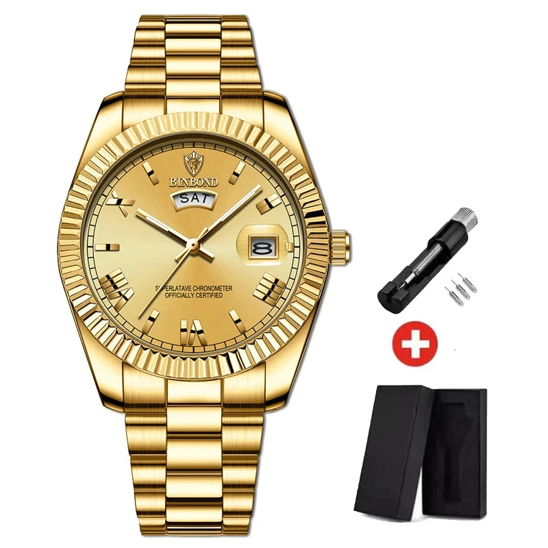 2025 New Men Business Watches Fashion Arabic Dial Steel Band Male's Luminous Waterproof Quartz Watch Set(Gift box regulator Box）