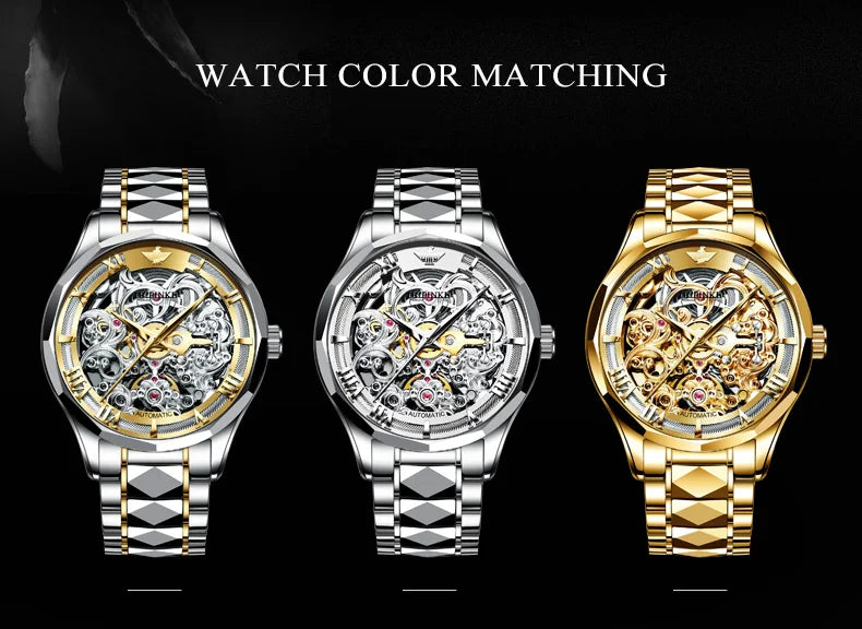 OUPINKE Tungsten Steel Strip Men's Watches Fully Transparent Dial Automatic Mechanical Watch Waterproof Sapphire Mirror Surface