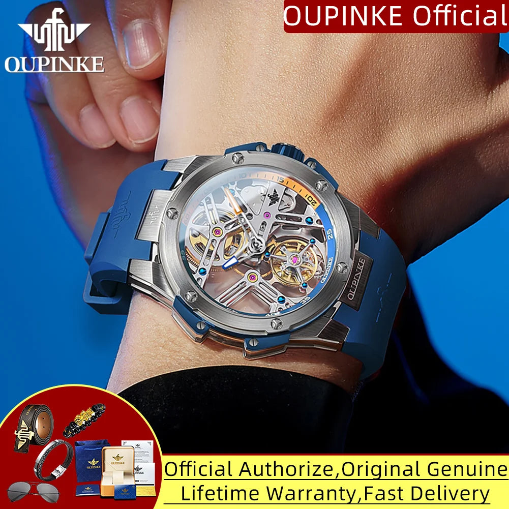 OUPINKE 8003 Real Tourbillon Watch Automatic Mechanical Watch for Men Skeleton Hollowed Transparent High-end Luxury Wristwatches