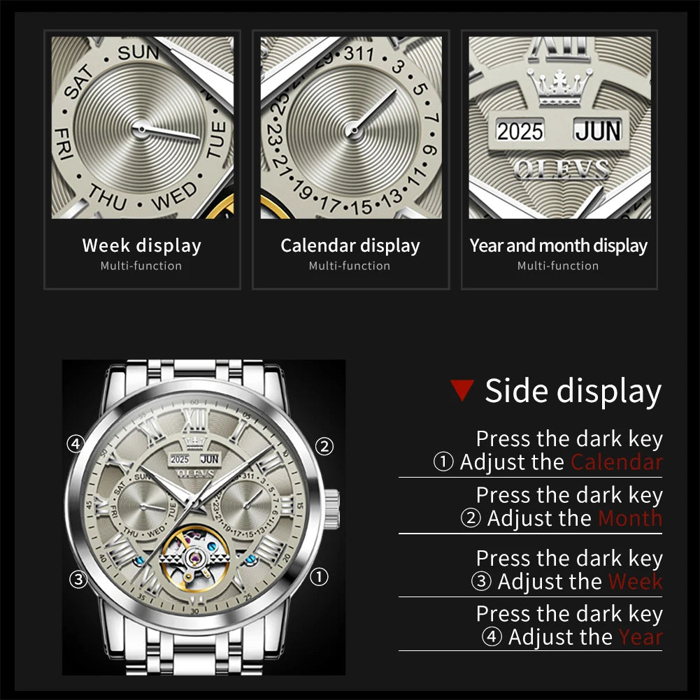 OLEVS 6668 Luxury Skeleton Automatic Mechanical Men Watch Top Brand Movement Roman Scale Calendar Waterproof Business Men Watch