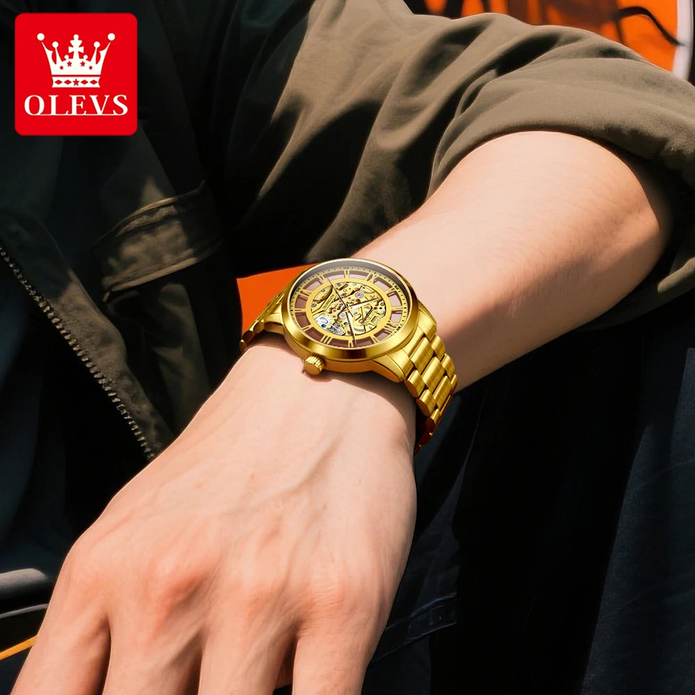 OLEVS Men Gold watch Skeleton Luxury Watch automatic mechanical Classic Wristwatches For Men Waterproof High Quality 6728