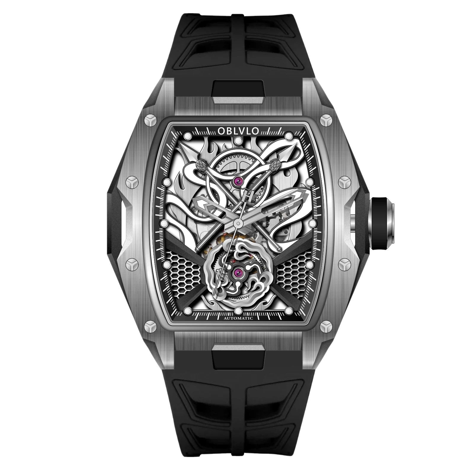 OBLVLO Top Luxury Men's Designer Skeleton Watc Fashion Tonneau Super Luminous Rubber Band Automatic Watches Relojes ZM
