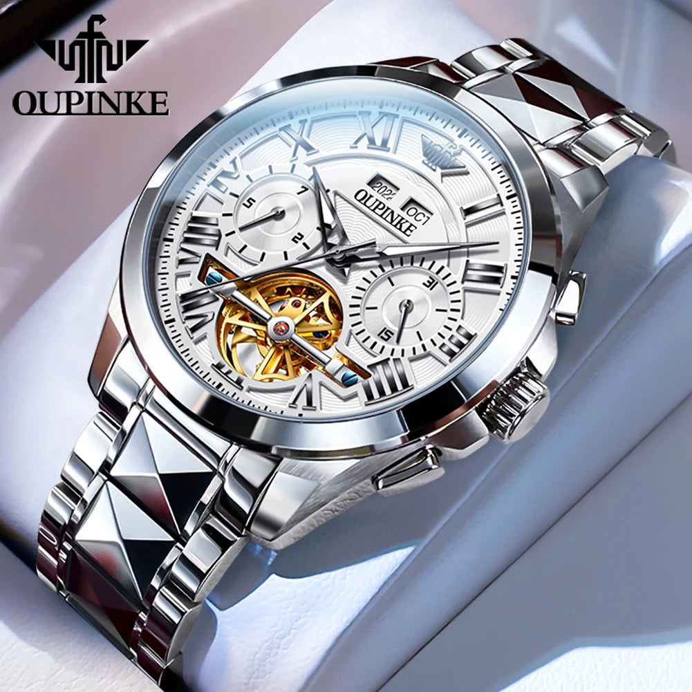 OUPINKE 3236 Men Watch Hollow Skeleton Date Luxury Mechanical Watch For Men Deep Waterproof Roman Scale Male Business Wristwatch