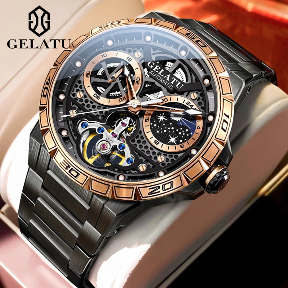 GELATU 6020 Trend Men's Watches Multifunctional Automatic Mechanical Watch for Men Flywheel Hollow out Moon Phase Wristwatch Man