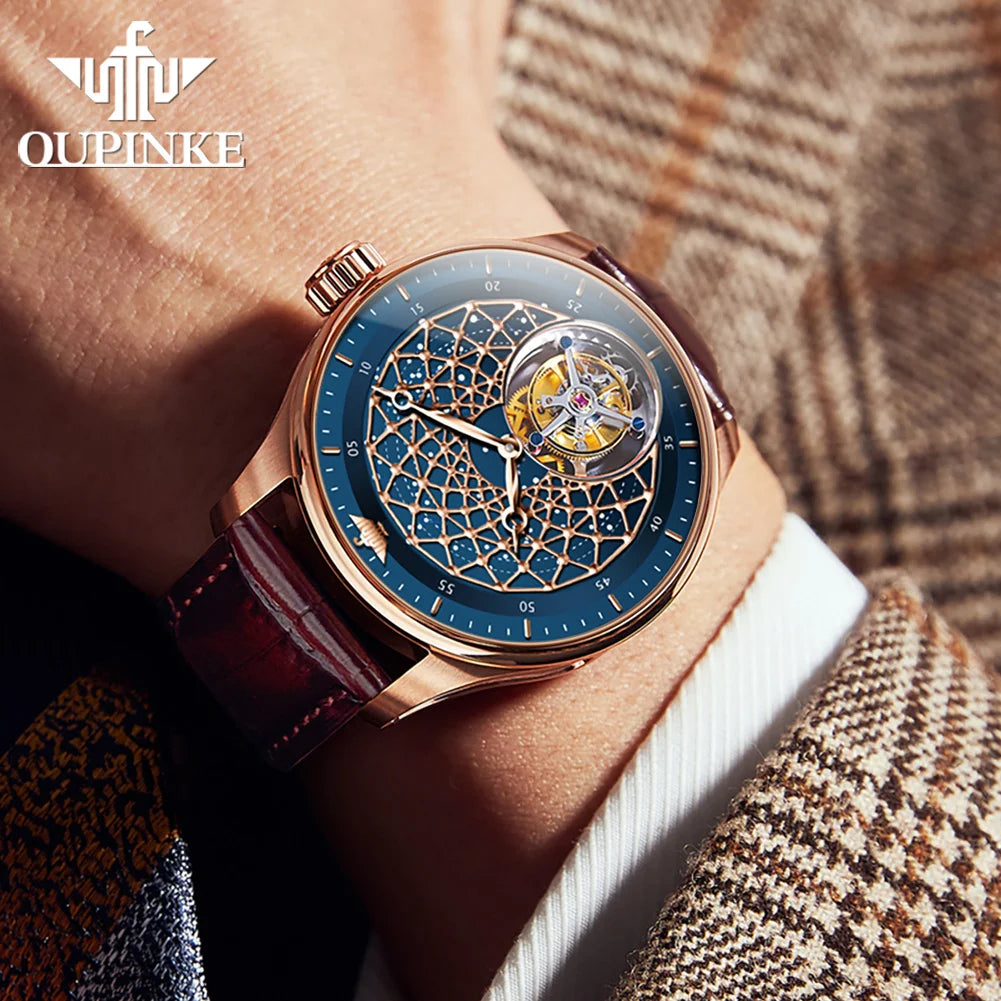 OUPINKE 8002 Watch Man Hollow Deep Waterproof Tourbillon Mechanical Watch For Men Synthetic Sapphire Mirror Fashion Hand Clock