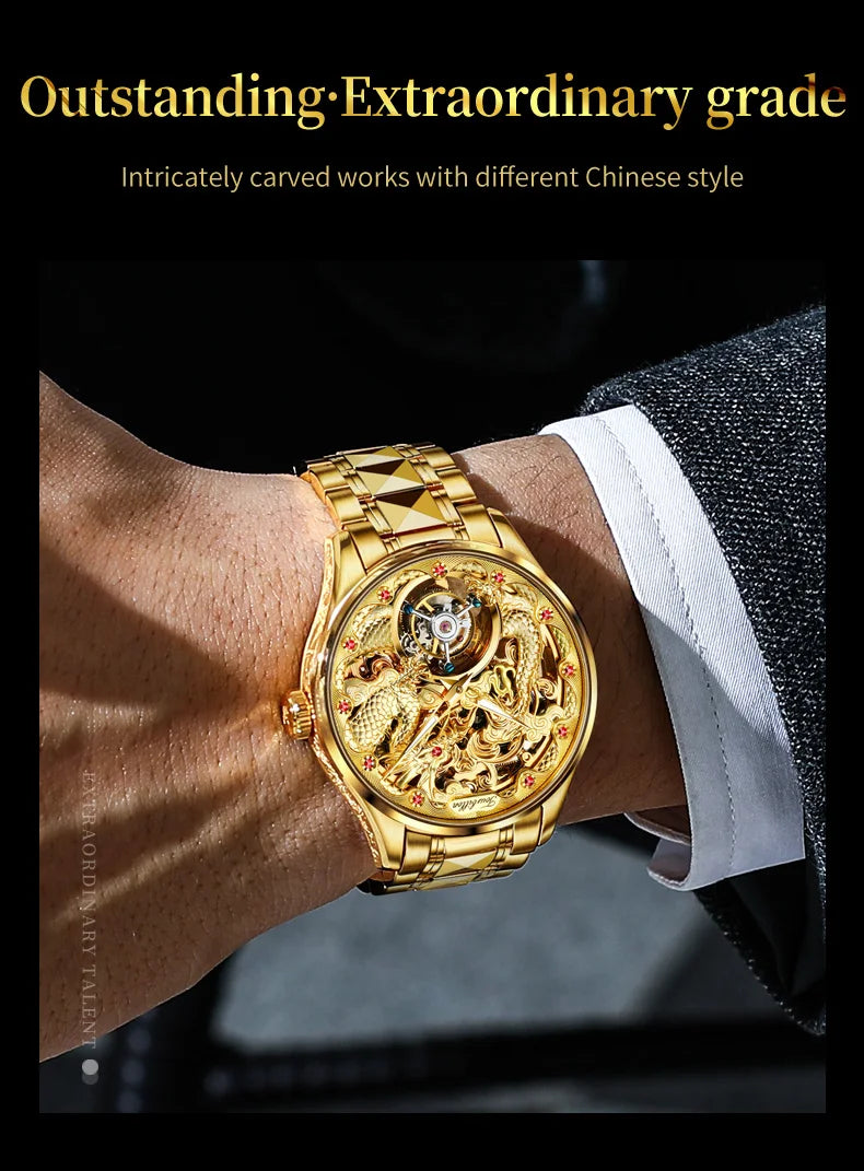 OUPINKE Top Luxury Men's Watches Original Tourbillon Mechanical Movement Sapphire Mirror Golden Dragon Pattern Dial Ruby Scale