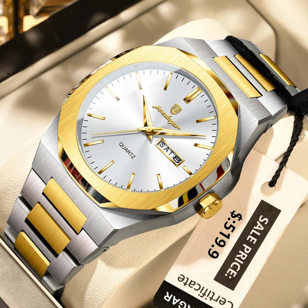 POEDAGAR Top Luxury Men Clock Waterproof Luminous Calendar Week Man Wristwatch Sports Stainless Steel Quartz Men's Watches Reloj