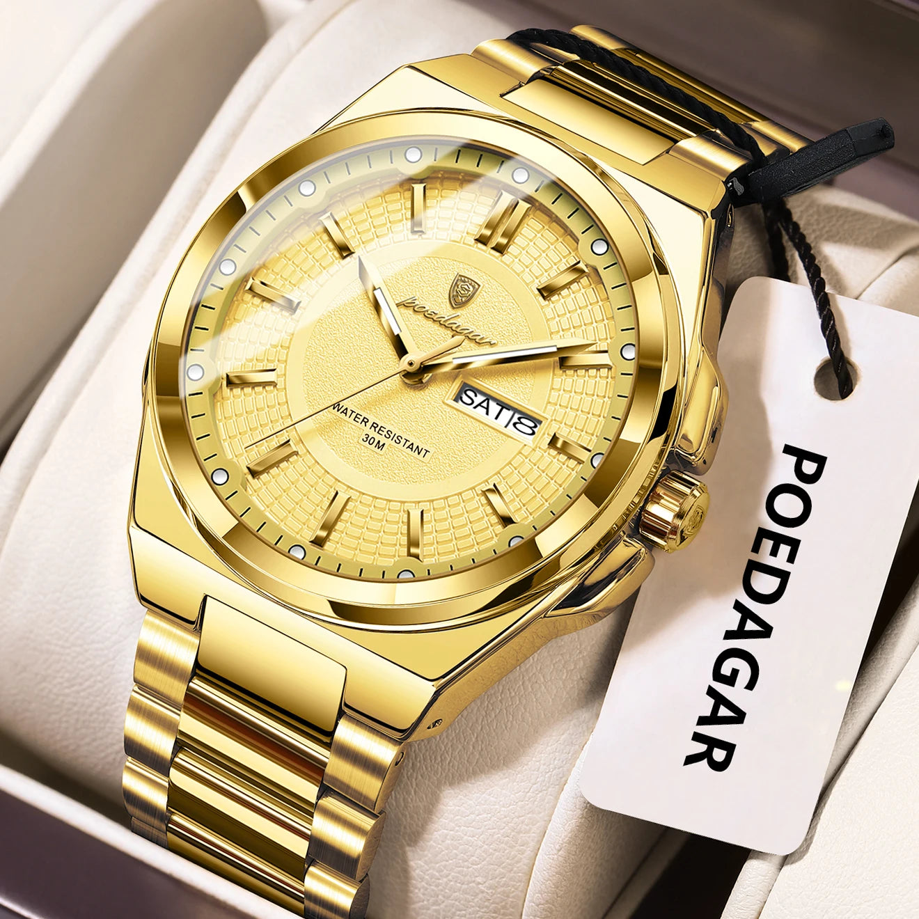 POEDAGAR Fashion Classic Men Wristwatches Stainless Steel Waterproof Luminous Man Watch Date Week Quartz Business Men's Watches
