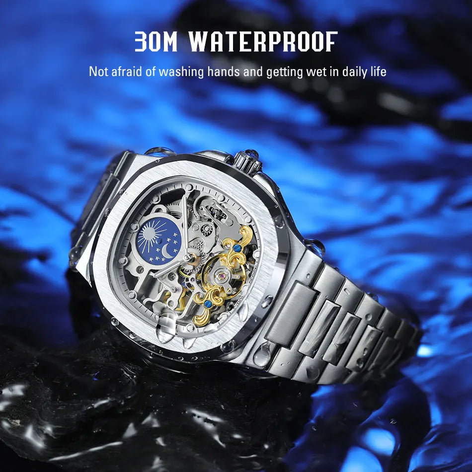 2025 High-end Luxury SKROX Square Man Watch Sapphire Stainless Steel Skeleton Moon Phase Classic Automatic Movement Male Watches